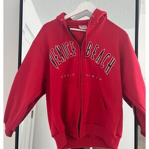 Hill Heavy Weight Made In USA Zip Up Hoodie Venice Beach Red Women Size S